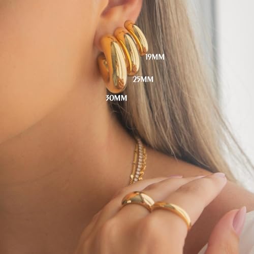 CONRAN KREMIX Waterproof Chunky Gold Hoops Earrings for Women Non Tarnish, Thick Gold Plated Circle Open Hoop,Lightweight Hollow Earrings Trendy - color: 30MM-Gold
