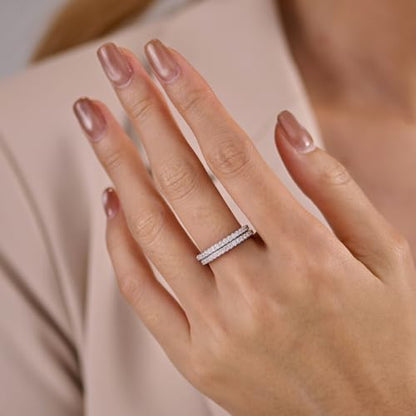 2mm 925 Sterling Silver Rings Gold Engagement Wedding Bands Eternity Cubic Zirconia Simulated Diamond 2pairs Stackable Ring for Women Size 5-10 - color: Silver