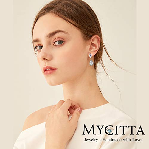 Pave Teardrop Earrings for Wedding Sterling Silver Double Pear Shaped CZ Cubic Zirconia Crystal Rhinestone Birthstone Dangle Earrings Bridal Jewelry for Bride Bridesmaids - color: Noble Silver