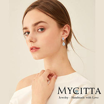 Pave Teardrop Earrings for Wedding Sterling Silver Double Pear Shaped CZ Cubic Zirconia Crystal Rhinestone Birthstone Dangle Earrings Bridal Jewelry for Bride Bridesmaids - color: Noble Silver