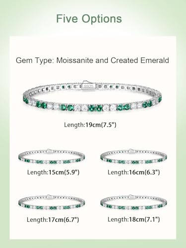 D Color VVS1 Clarity Moissanite and Genuine Sapphire/Emerald/Ruby Tennis Bracelets for Women 2.22ct-10.45ct, Solid 925 Sterling Silver, Anniversary Wedding Valentines Jewelry for Her, Length 5.9-7.5 Inch(15-19cm) - color: Moissanite & Emerald (4.7 - 5.9 C