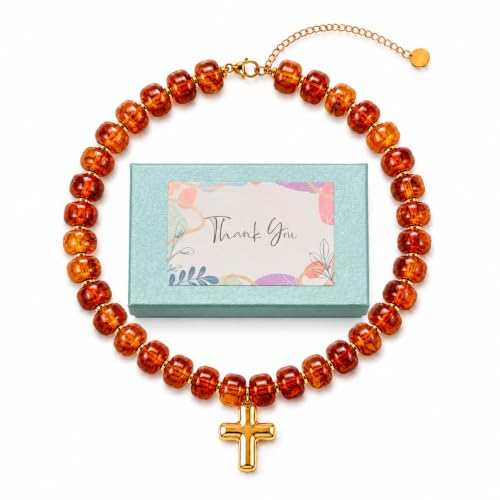 Colorful Resin Chunky Beaded Necklace for Women Modern Statement Choker Necklace with Gold Tone Cross Pendant Boho Summer Jewelry Gift - color: Amber Brown-1