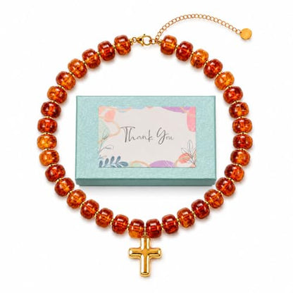 Colorful Resin Chunky Beaded Necklace for Women Modern Statement Choker Necklace with Gold Tone Cross Pendant Boho Summer Jewelry Gift - color: Amber Brown-1