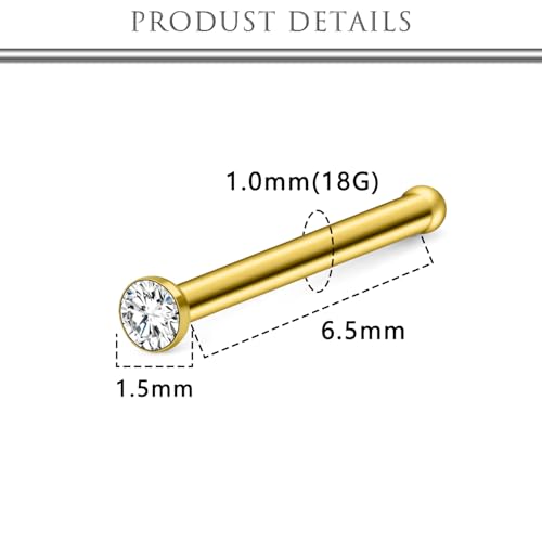 Hoeudjo Nose Studs Surgical Steel Cubic Zirconia Nose Rings Kit for Women Men Tiny Nose Stud Bone & Screw & L Shaped Nostril Piercing Jewelry 18/20/22/24 Gauge 10 Pieces - color: gold-tone,nose bone studs, size: 18g/1.5mm clear CZ