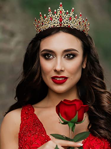 SWEETV Crystal Wedding Tiara for Women, Royal Queen Crown Headband, Rhinestone Princess Hair Accessories for Prom Birthday - color: 3.Red