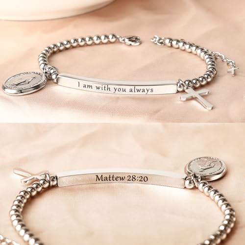 DS Inspirational Bracelet for Women Christian Engraved Bibler Verse Cross Butterfly Daisies Charm Bracelet, Exquisite Stainless Steel Jewelry Daughter Best Friend Bestie - style: I am with you always-Silver