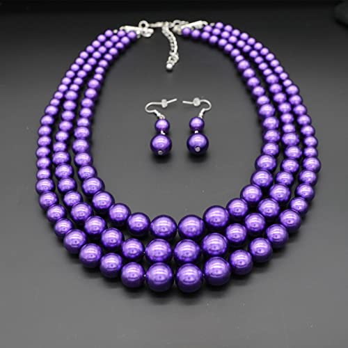 Chunky Layered Imitation Pearl Necklace for Women 3 strand Pearl Necklaces Faux Pearl Necklace Earrings Set 1920s Flapper Gatsby Costume Accessories - color: 3 strand pearl necklace Purple