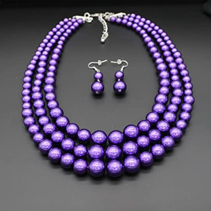 Chunky Layered Imitation Pearl Necklace for Women 3 strand Pearl Necklaces Faux Pearl Necklace Earrings Set 1920s Flapper Gatsby Costume Accessories - color: 3 strand pearl necklace Purple
