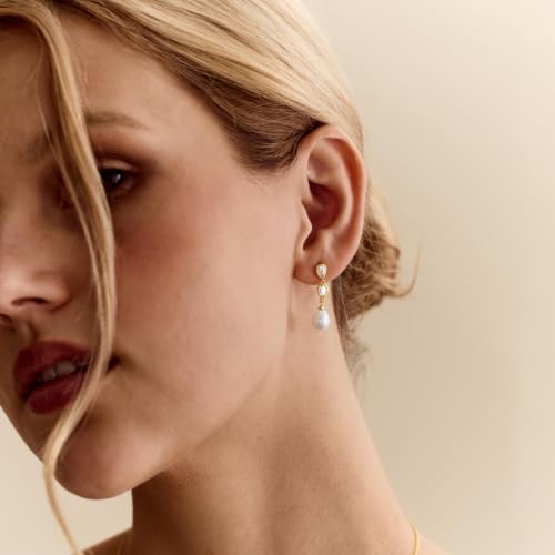 Pearl Earrings for Women, 14k Gold Plated Trendy Diamond Pearl Drop Earrings Hypoallergenic Dainty Bridal Gifts Wedding jewelry for Women - color: Gold-Pearl Style B