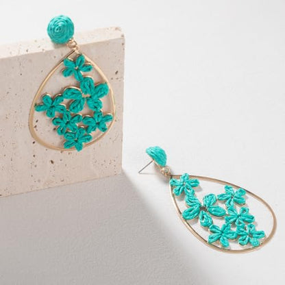 Boho Raffia Flower Teardrop Earrings Cute Colorful Dangle Trendy Jewelry | Floral Drop Statement Big Dangling Earring Hypoallergenic Gold Fun Unique Summer Spring Beach Vacation Outfits for Women - color: Teal
