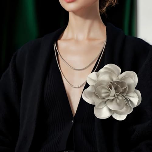 Large Rose Flower Brooches Chiffon Camellia Brooch Lapel Pins Hair Clips Hat Pins for Women Wedding Banquet Accessories Large Satin Flowers 5.5in - color: Grey