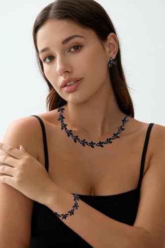Bridal Wedding Crystal Leaf Choker Necklace Dangle Earring Bracelet Brides Bridesmaid Jewelry Set for Women - color: Black-Jet