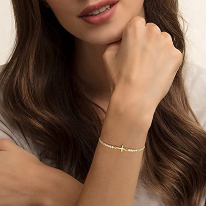 FANZE Gold Plated Cubic Zirconia Tennis Bracelets for Women Dainty Trendy Adjustable Bracelet Jewelry Gift for Ladies Wedding Mother Birthday Anniversary - style: Cross