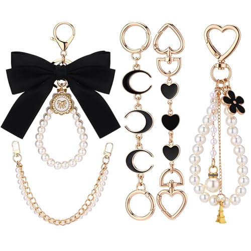 Sureio 5 Pcs Bag Extender Chain Pearl Purse Chain Ribbon Bow Keychain Extender Bag Strap Purse Charms Accessories for Handbag - color: Gold and Black