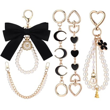 Sureio 5 Pcs Bag Extender Chain Pearl Purse Chain Ribbon Bow Keychain Extender Bag Strap Purse Charms Accessories for Handbag - color: Gold and Black