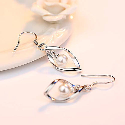 Linear Swirl Wire Earrings For Women dangling Boho Dangle Drop - color: Silver-pearl