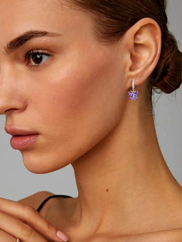 Bestyle Gold Butterfly Earrings for Women, Dainty Cute Birthstone Studs Hypoallergenic Jewelry, Great Birthday Gift - style: 02.February (Amethyst)-DANGLE