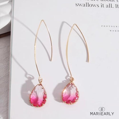 Aquamarine Green Gradient Quartz Teardrop Earrings Gold Plated Transmittance Quartz Drop Dangle Earring For Women Girls Personalized Handmade Jewelry Earrings - color: Pink