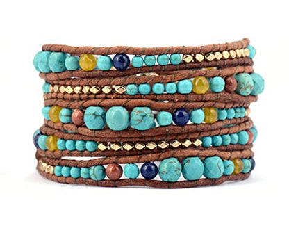Boho Wrap Bead Bracelet for Women - Handmade Adjustable Natural Stone Beaded Bracelets Yoga Healing Bracelet Bangle Hippie Jewelry - color: Turquoise