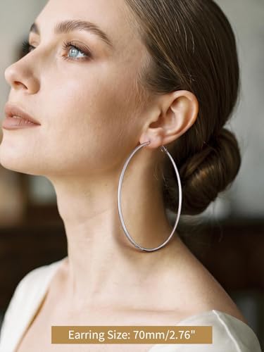 FindChic Thin Hoop Earrings for Women,Silver/Black/Gold Plated 20-100mm - color: Silver, size: 70mm
