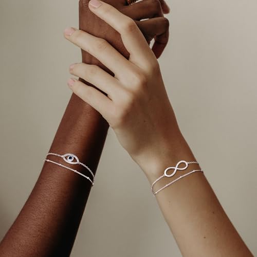 MILACOLATO 925 Sterling Silver Clasp Paperclip Chain Bracelets for Women | 14K White Gold Plated Adjustable Bracelets, Dainty Stackable Layered Satellite Beads Evil Eye Infinity Bracelets Jewelry Gift - color: Infinity Chain + Satellite Chain