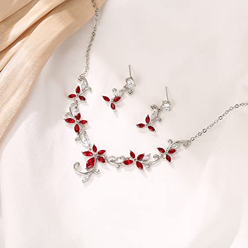 Crysdue Flower Leaf Wedding Jewelry Set for Bridal Bridemaid, Cubic Zirconia Teardrop Elegant Silver/14K/Rose Gold Plated Vine Necklace Dangle Earrings for Prom Party - style: A_Red