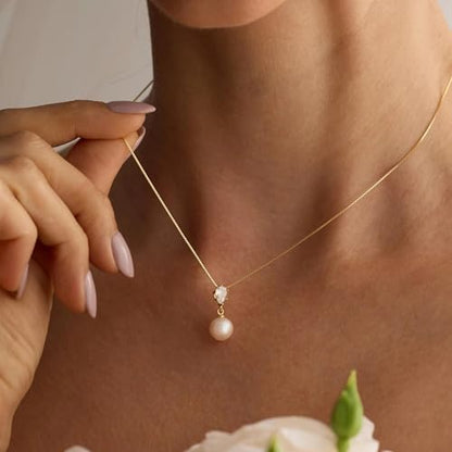 Pearl Necklaces for Women, Dainty Pearl Drop Necklace 14K Gold Plated CZ Pearls Pendant Necklace Small Gold Choker Necklaces for Women Trendy Wedding Jewelry Bridesmaids Gifts - color: Gold Plated-LX Pearl