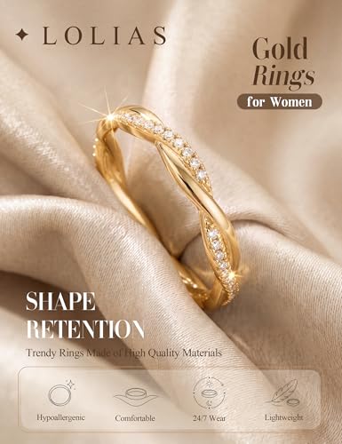 LOLIAS 14K Gold Plated Rings for Women Engagement Eternity Wedding Bands | Non Tarnish Love Promise Rings for Her Cubic Zirconia Stackable Rings for Women Statement Thumb Rings Stacking Size 6-10 - style: Twisted Rope Bands-14K Gold Plated