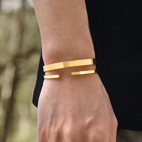 Stainless Steel Mens Cuff Bracelet : Minimal Cool Silver/Black/Gold Plated Open Metal Cuff Bangle Bracelets for Men,Mens Bracelet Jewelry Gift - color: Gold Plated-2-Pack, size: Medium( fit 5.5"-7.2" wrist)