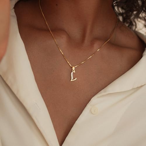 Initial Necklace for Women, 14K Gold Silver Plated Box Chain Letter Pendant, Trendy Name Necklace, Dainty Personalized Charm Jewelry Gift for Her - color: Gold, style: L