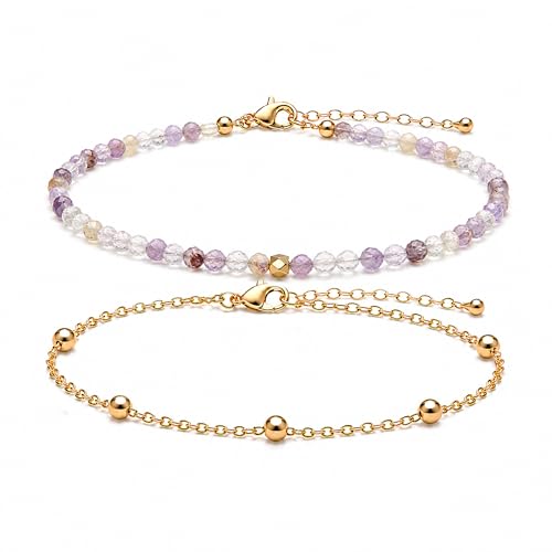 2Pcs Beaded Anklets for Women, Natural Stone Bead Ankle Bracelets with 14K Gold Plated Chain, Waterproof Adjustable Layered Anklet Set, Boho Beach Summer Jewelry Gift - color: Amethyst