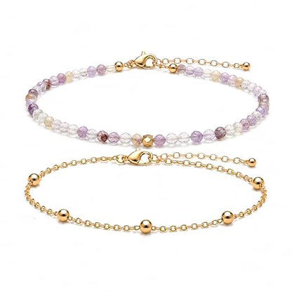 2Pcs Beaded Anklets for Women, Natural Stone Bead Ankle Bracelets with 14K Gold Plated Chain, Waterproof Adjustable Layered Anklet Set, Boho Beach Summer Jewelry Gift - color: Amethyst