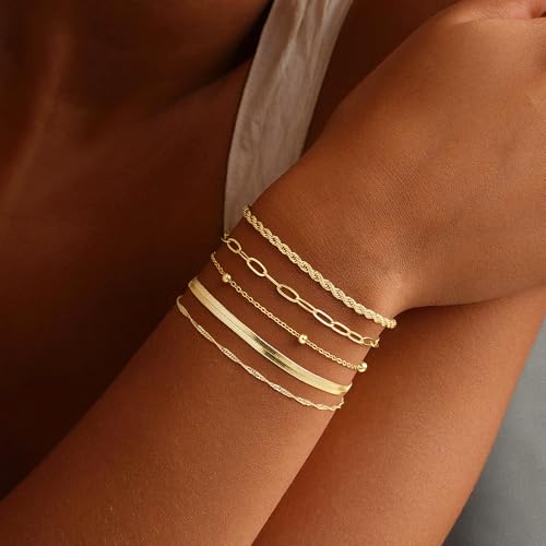 M MOOHAM Gold Bracelets Set for Women No Tarnish | 14K Gold Plated, Dainty Stackable Bracelets Stack for Women, Herringbone Paperclip Rope Cuban Chain Bracelet Set Stack - color: 8.Rope Snake Paperclip Set 2