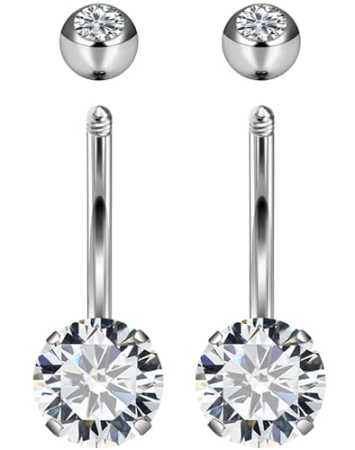 Long Belly Button Ring 6mm 8mm 10mm 12mm 14mm Surgical Stainless Steel Round Cubic Zirconia Navel Barbell Long Bar Belly Button Piercing Jewelry Silver, black, rose gold belly ring - color: 2pcs-10mm-Silver navel ring