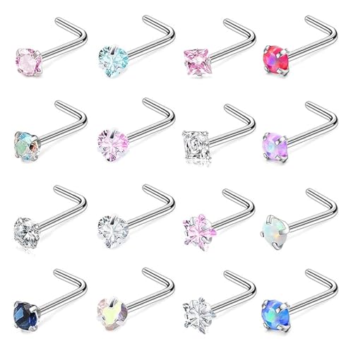 SEEDRILL Nose Rings Studs for Women 16Pcs 20G/18G Nose Studs Hypoallergenic 316L Surgical Steel Nose Piercings Jewelry 3mm CZ & Opal Nose Ring L Shape Nose Stud 20 Gauge Nose Screw Studs - style: 18G/L Shape/Colorful CZ