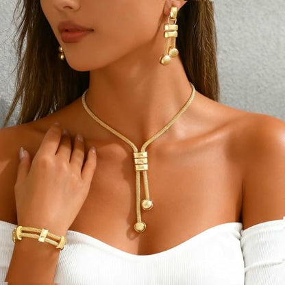 CLOACE Gold Long Choker Necklace Set Punk Cuban Y-Necklaces and Bracelet Fashion Chain Jewelry Accessories for Women - color: G-3