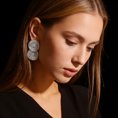 Rhinestone Earrings Dangling for Women Sparkly Silver Dangle Earrings Girls Long Chandelier Earrings Tassel Lightweight Ear Studs Cubic Zirconia (KE001S-W) - color: Double Circle BXE009S