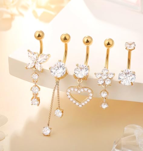Leocuci Surgical Stainless Steel Dangle Belly Button Rings for Women Belly Ring Dangling Piercing Jewelry with Heart Flower Butterfly14G - color: gold