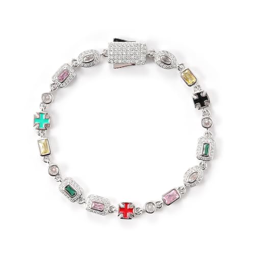 Lulu Mel 6mm Colorful Zirconia Cross Bracelet, Gold Plated Tennis Chain Geometric Gemstone Diamond Bracelet Trendy Charm Jewelry for Women Men - color: Silver, size: 8 Inches