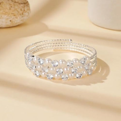 Gold Crystal Faux Pearl Beaded Bracelet for Women,Sparkling Rhinestone Layered Statement Cuff Bracelet Wedding Bridal Jewelry Accessories - color: Silver
