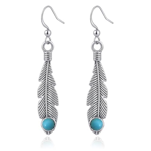 Bohemian Silver Feather Dangle Earrings for Women | Hypoallergenic Silver Turquoise Drop Dangle Earrings with Western Boho Jewelry
