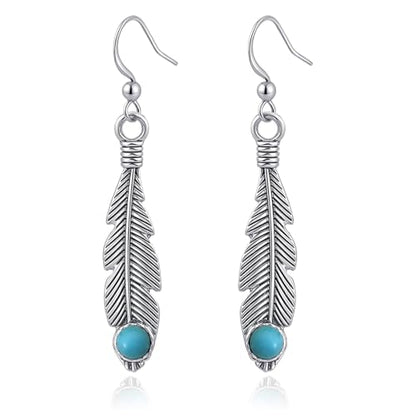 Bohemian Silver Feather Dangle Earrings for Women | Hypoallergenic Silver Turquoise Drop Dangle Earrings with Western Boho Jewelry