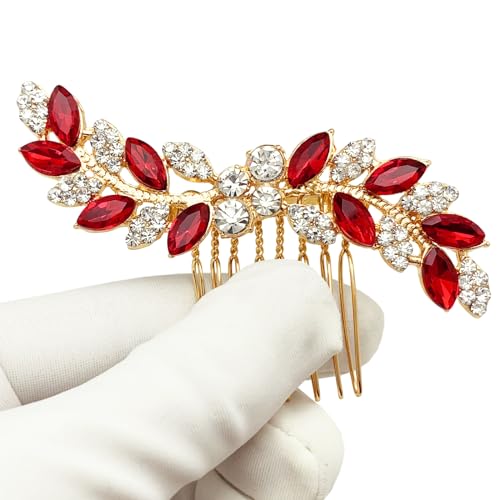 Bridal Crystal Hair Comb Small Wedding Alloy Rhinestone Party Prom Hair Piece Accessories Elegant for Women Girls (Red + Gold) - color: Red + Gold