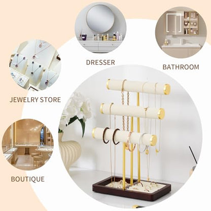 modern T-shaped jewelry rack, jewelry tower, gold metal, square ceramic base decoration display tower, necklace, bracelet, ring storage rack (3-layer beige velvet) - style: 3-layer beige velvet