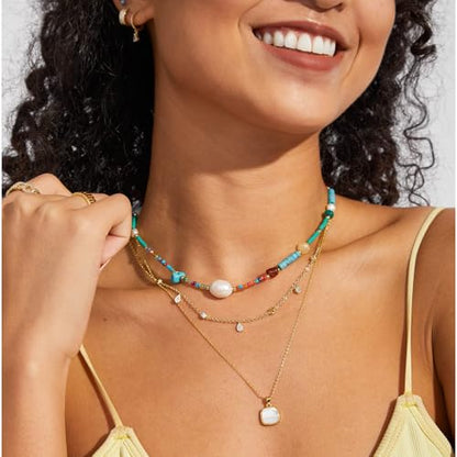 KissYan Beaded Choker Necklace for Women, Colorful Natural Gemstones Pearl Choker 14K Gold Plated Pendant Healing Crystal Necklace Handmade Stone Jewelry Gift | 14K Gold Plated Pendant Necklaces, Natural Gemstones Pearl Choker, Healing Crystal Chain, Hand