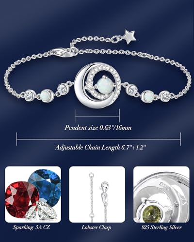 FANCIME Birthstone Bracelets 925 Sterling Silver Moon and Star Bangle Charm Bracelet Fine Jewelry Anniversary Birthday Mothers Day Gifts for Mom Her Women, Adjustable Chain 6.7"+1.2" Extend - color: link-10-opal