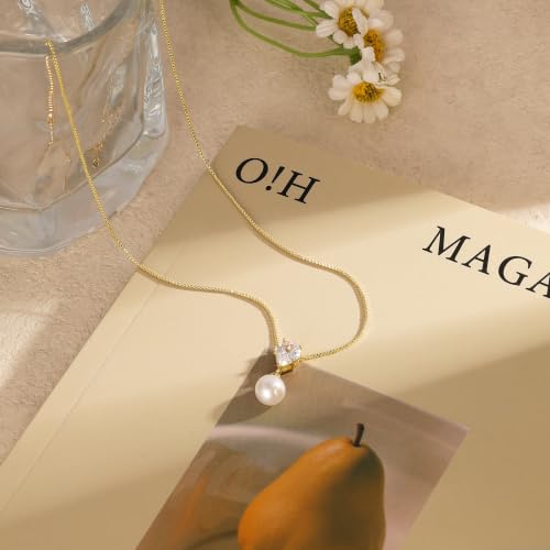 Pearl Necklaces for Women,Dainty Gold Pendant Necklaces Waterproof Jewelry | 14K Gold Plated Pearl Necklaces,Dainty Elegant Wedding Necklace,Small Cute Adjustable Minimalist Necklace,Non Tarnish Jewelry - color: GOLD-17