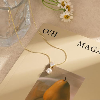 Pearl Necklaces for Women,Dainty Gold Pendant Necklaces Waterproof Jewelry | 14K Gold Plated Pearl Necklaces,Dainty Elegant Wedding Necklace,Small Cute Adjustable Minimalist Necklace,Non Tarnish Jewelry - color: GOLD-17