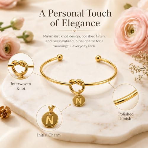 LemonRose Initial Bracelets for Women - Dainty Tie the Knot Letter A-Z 14K Gold Plated for Women Gold Cuff Bracelet for Womens Jewelry Personalized Bridesmaid Proposal Gifts - color: Gold N