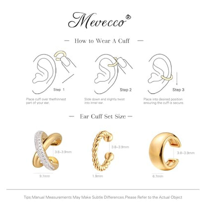 MEVECCO Ear Cuffs Non Piercing 18K Gold Plated Ear Cuff Earring Sets Clip on Cartilage Cubic Zirconia Pearl Minimalist Hypoallergenic Fake Hoop Earrings Stack Women Gifts - style: 3pcs-Crossover